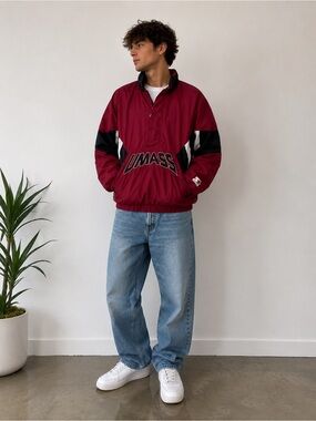 Vintage Starter UMass Minutemen Half Zip Pullover Windbreaker Jacket Burgundy L